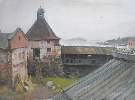Монастырские крыши и Белое море  холст на картон/темпера, 60х80, 2015 г.