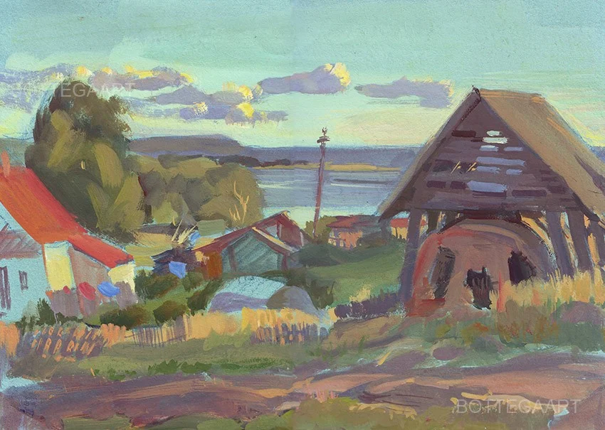 Смолокурня. Теплый закат. Бум./темпера, 42х30