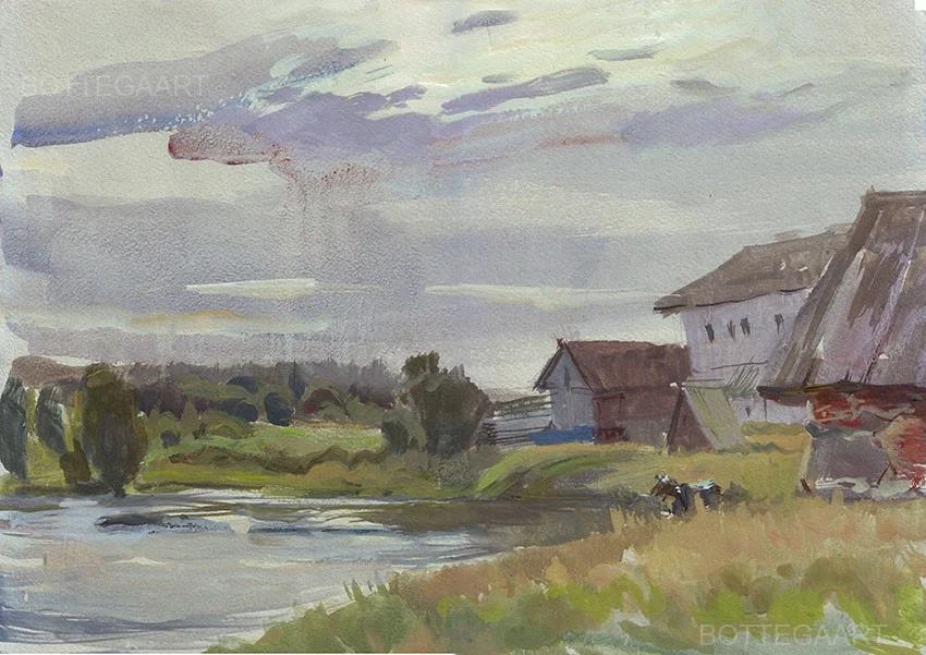 Соловки. Банное озеро. Дождик на рассвете.  Бум./темпера, 42х30