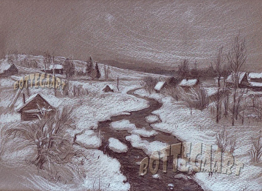 Ферапонтово. Черная речка бум./белила, акв.кар, цветн.тушь, шар.ручка, 20х30,2013