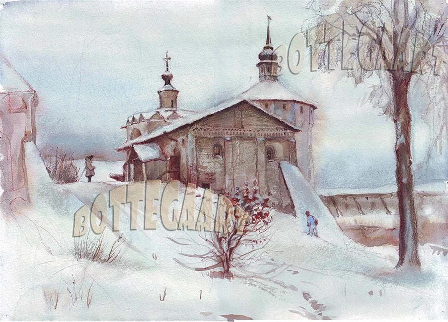 Заутреня. Красный куст бум./акв.,акв.кар, цветн.тушь,30х40