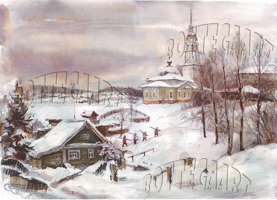 Тотьма. Лыжники бум./акв.,акв.кар, цветн.тушь,30х40