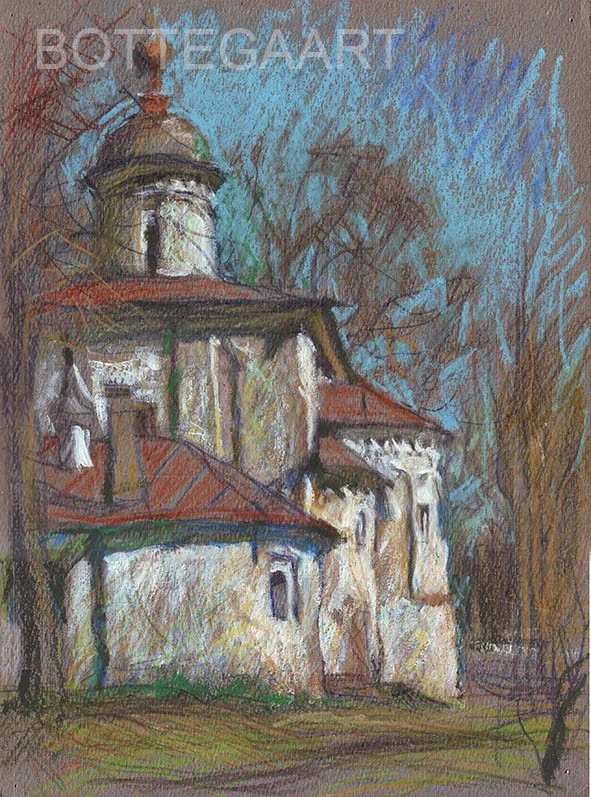 Псков. Церковь св. Климента  картон/белила, акв. карандаши, масл. пастель