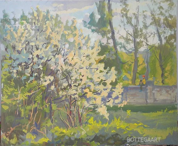 Цветущие сливы,картон/темпера, 50х60, 2016 г.