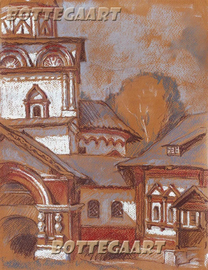 Саввино-сторожевский монастырь. Фрагмент  бум/сангина,сепия,мел,цветн.соус, 2012 г.