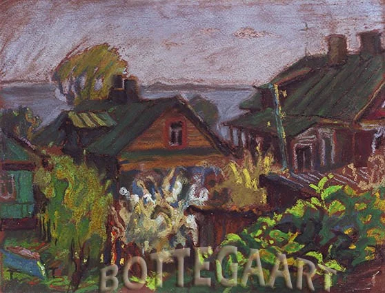 Ростов Великий. Закат на Заозерной улице.  бум/пастель, 2012 г.