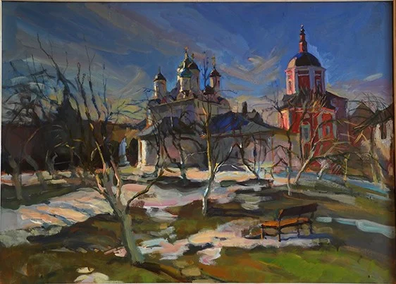 Боровск. Монастырские яблони  оргалит/темпера, 45х65, 2015 г.