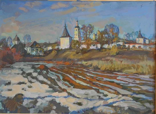 Весна в Боровске  оргалит/темпера, 50х70, 2015