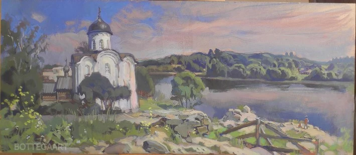 Старая Ладога. Утро над Волховом, оргалит/темпера, 30х70, июнь 2014 г.