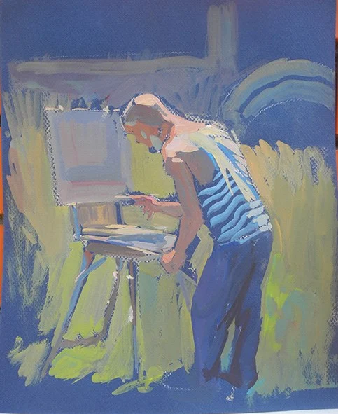 Миша пишет в Морозовицах, бум/темпера, 30х25, 2017