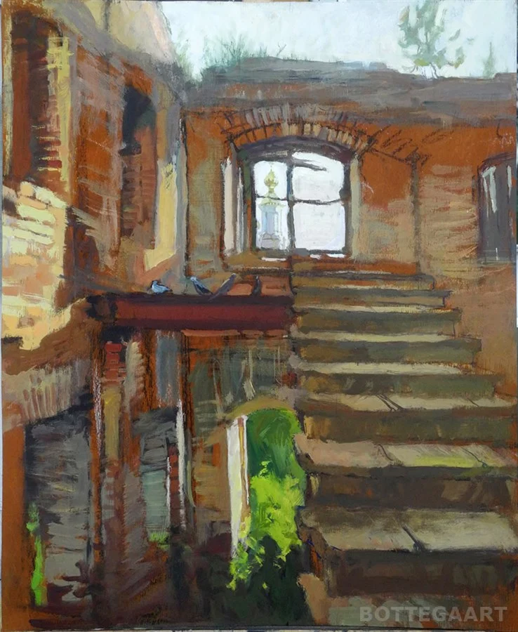 Заброшенный храм. Лестница, дерево/темпера, 60х75, 2017