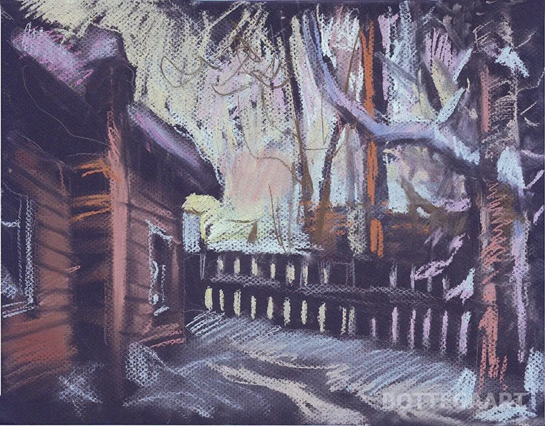 Дворик усадьбы вечером, цв.бум/пастель, 25х35