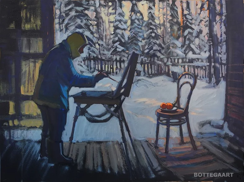 На террасе Борисовского дома, картон/темпера, 60х80. 2018