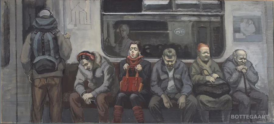 В метро, дерево/темпера, 72х150, 2017